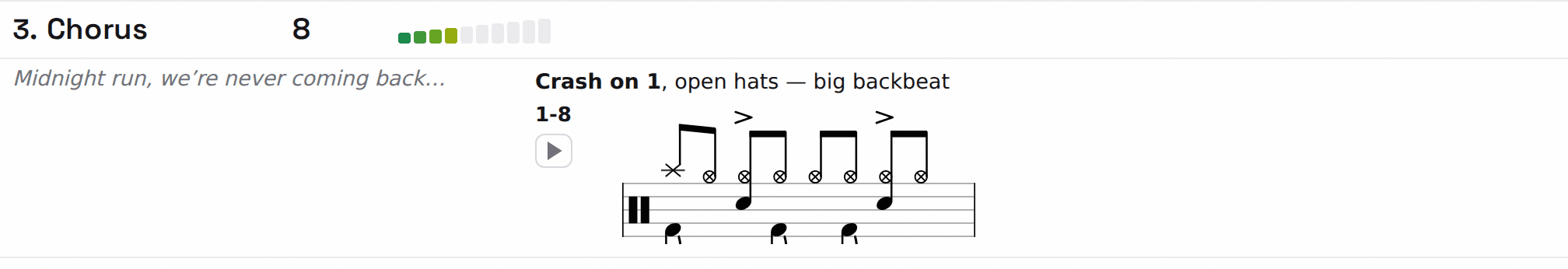 A chorus section row: section name, bar count and energy meter on the left, lyric cue in the middle, a text note and a groove staff on the right