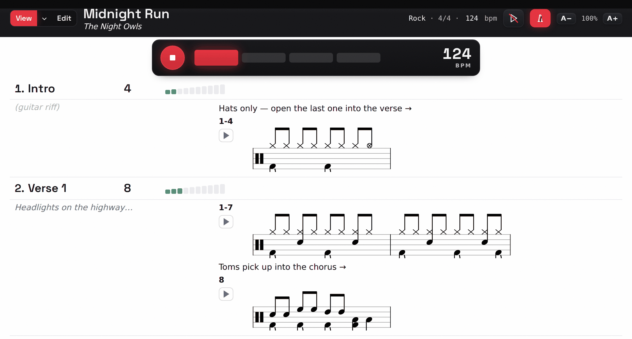 The top of the Midnight Run demo chart in View mode: title, artist, genre, time signature and bpm in the header, the metronome running below it with the downbeat lit, then Intro and Verse rows with lyric cues and engraved drum notation