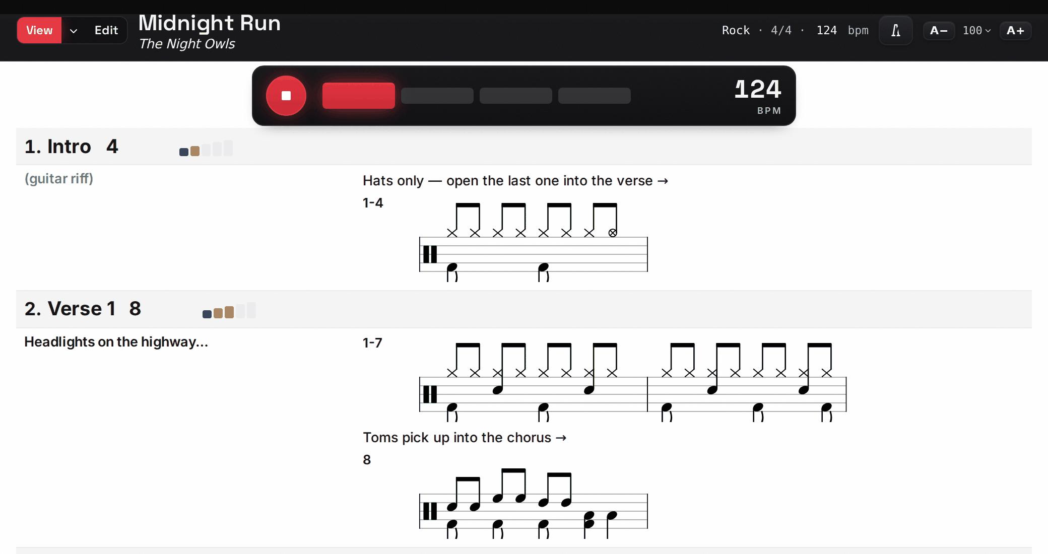 A drum chart with the metronome running: song sections with bar counts, energy levels, cues, and engraved grooves