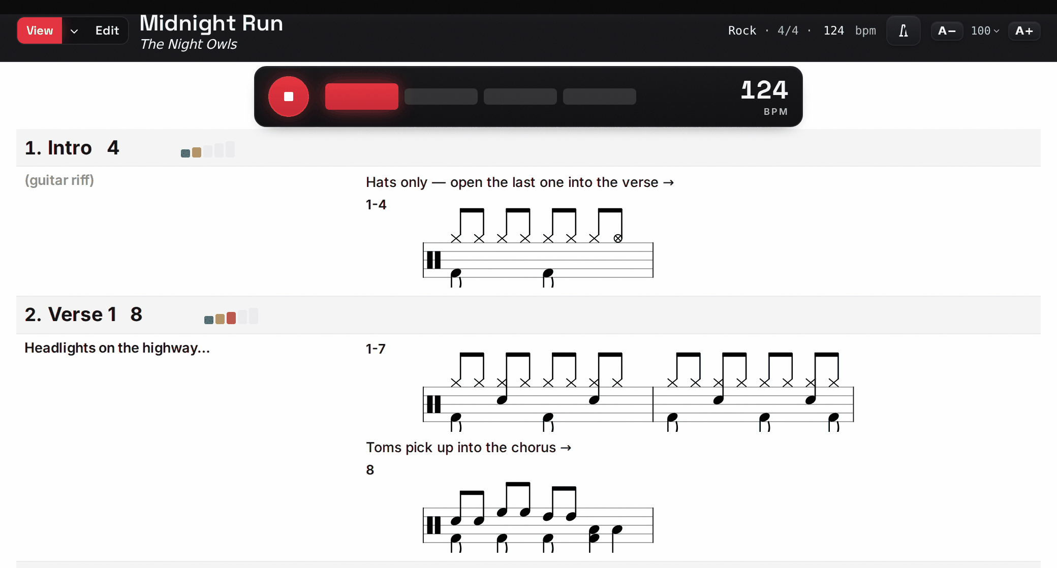 A drum chart with the metronome running: song sections with bar counts, energy levels, cues, and engraved grooves