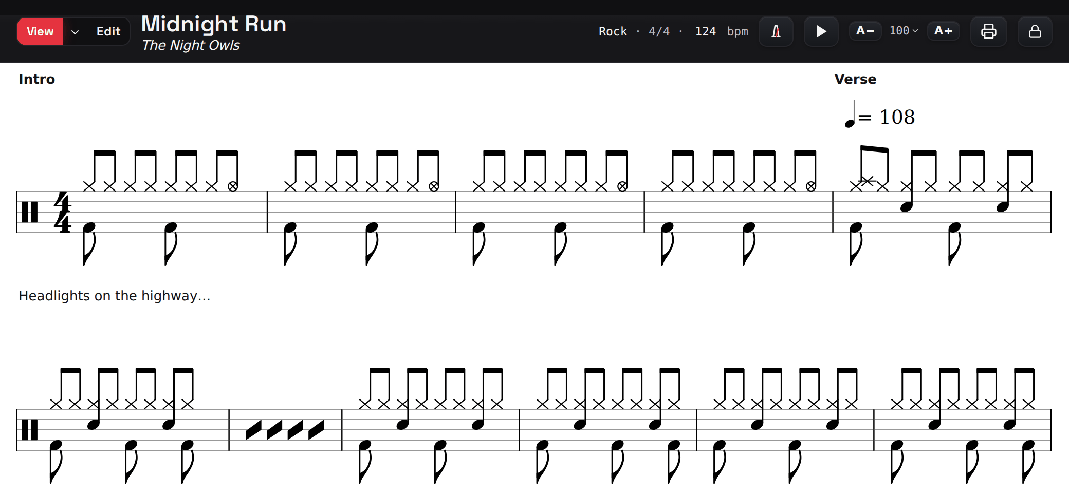 A flow chart page: bold Intro and Verse rehearsal marks, a tempo change, a lyric cue and a slashed time-keeping bar, every bar written out on a staff
