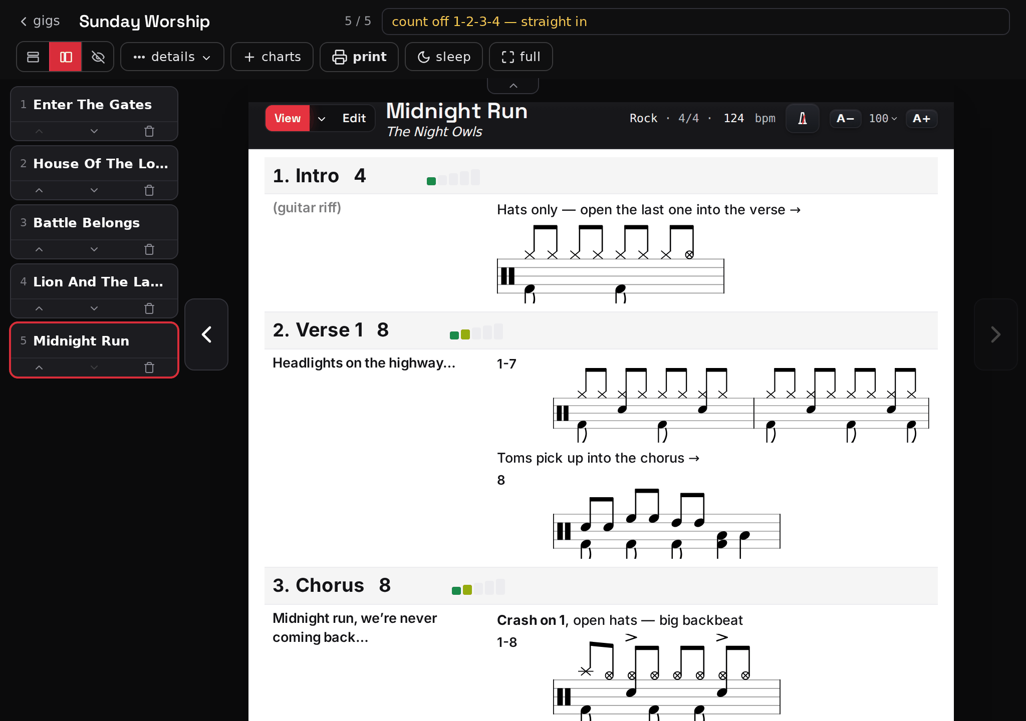 The gig stage on a tablet: the setlist down the left as a column of five song cards with Midnight Run selected, the gig's name and a yellow transition cue reading 'count off 1-2-3-4 — straight in' across the top, and the chart filling the rest of the screen in View mode