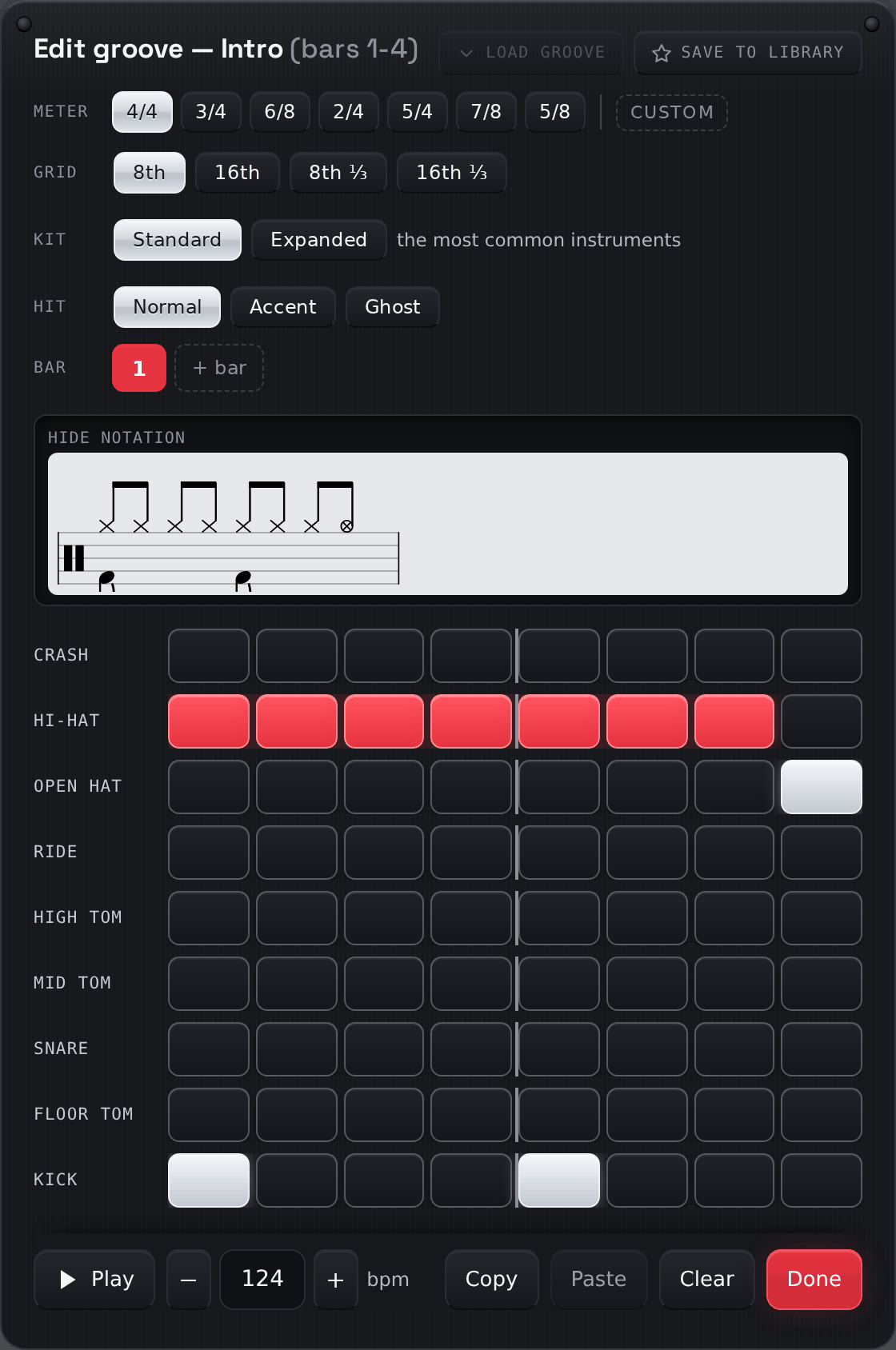 The step editor: meter and grid rows, the Normal/Accent/Ghost hit brush, bar tabs, and a tap grid with one row per drum — the engraved staff updates live above it