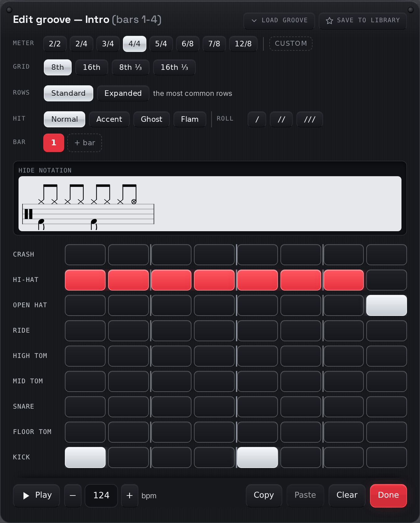 The groove builder: tap backlit steps on a big grid — accents, ghosts, any meter