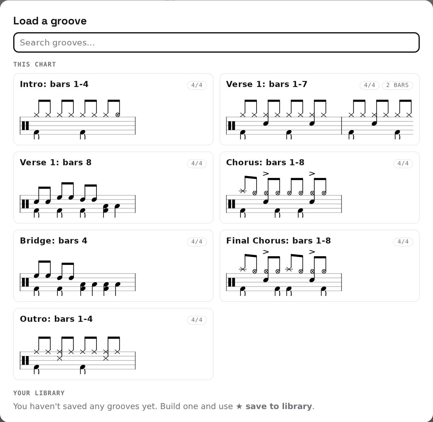 The groove picker: a search box and each groove drawn on a staff.