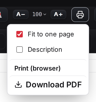 The print menu open: Fit to one page, Description, Print (browser) and Download PDF.