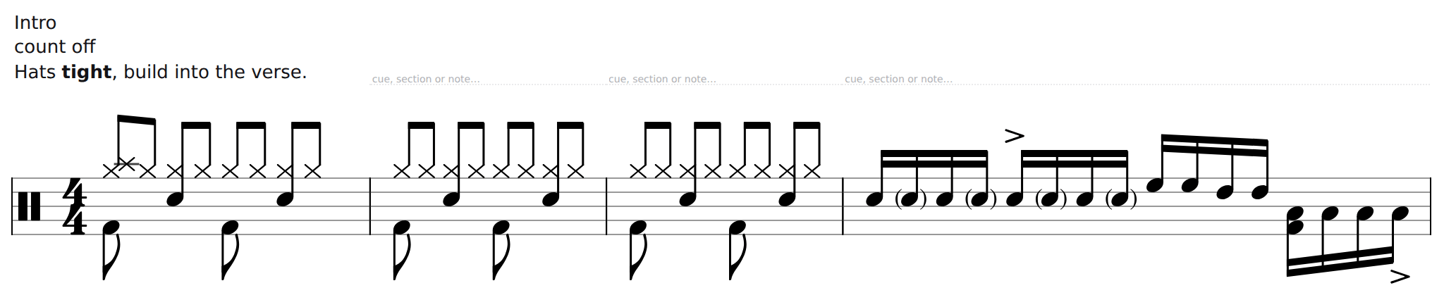 A flow chart system: the text boxes over the bars and the staff underneath.