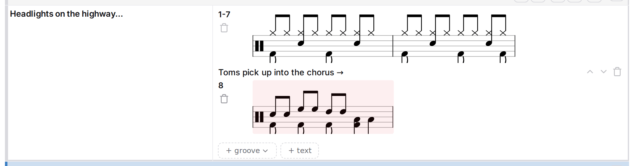 A section body: the cues column, a note line with its move and delete buttons, a groove with its bars box and the staff, and the add-groove and add-text buttons.