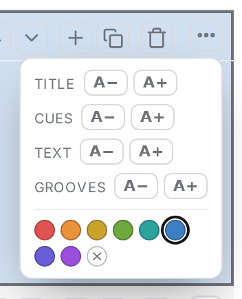 The section options menu open: sizes for the title, cues, text and grooves, and the outline color swatches.