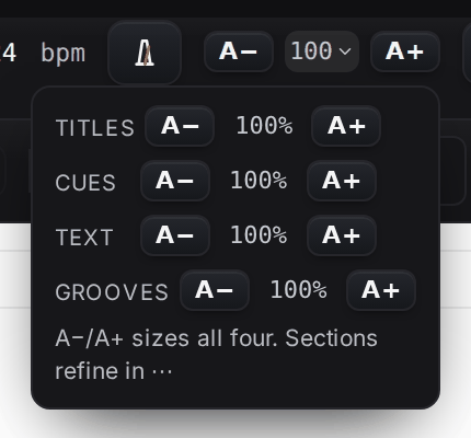 The size panel open under the percentage readout: A− and A+ for titles, cues, text and grooves.