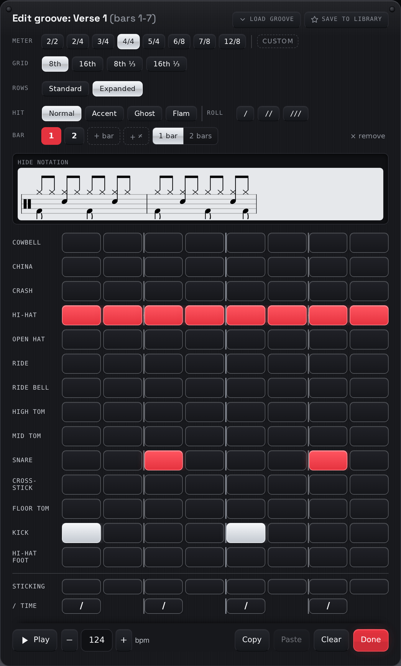The step editor: meter, grid, rows and hit type at the top, the bar tabs, the live notation, one row of steps per instrument, the sticking and time rows, and the footer with play, tempo, copy, paste, clear and done.