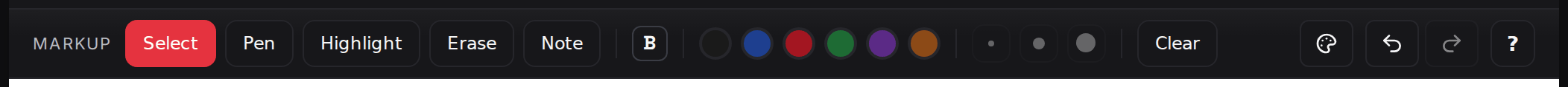 The tools row: Select, Pen, Highlight, Erase and Note, the bold button, six color swatches, three stroke sizes, Clear, then the section colors, undo, redo and the tips button.