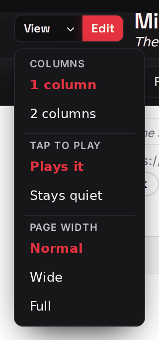 The View menu open under the mode buttons: Columns, Tap to play and Page width.