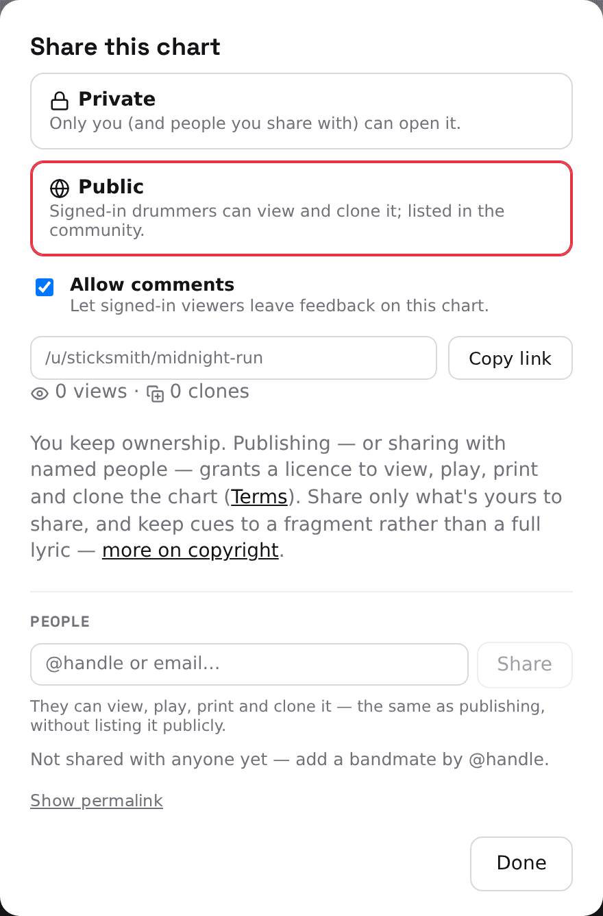 The Share this chart panel: Private and Public visibility options with Public selected, an Allow comments checkbox, the chart's /u/sticksmith/midnight-run link with a Copy link button, view and clone counts, a note about the licence publishing grants and keeping cues short, a People section for sharing with a bandmate by @handle or email, and a Show permalink link